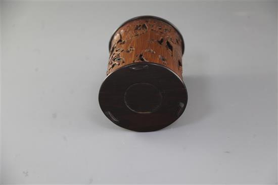 A Chinese bamboo and hongmu mounted brush pot, Qing dynasty, total height 14cm